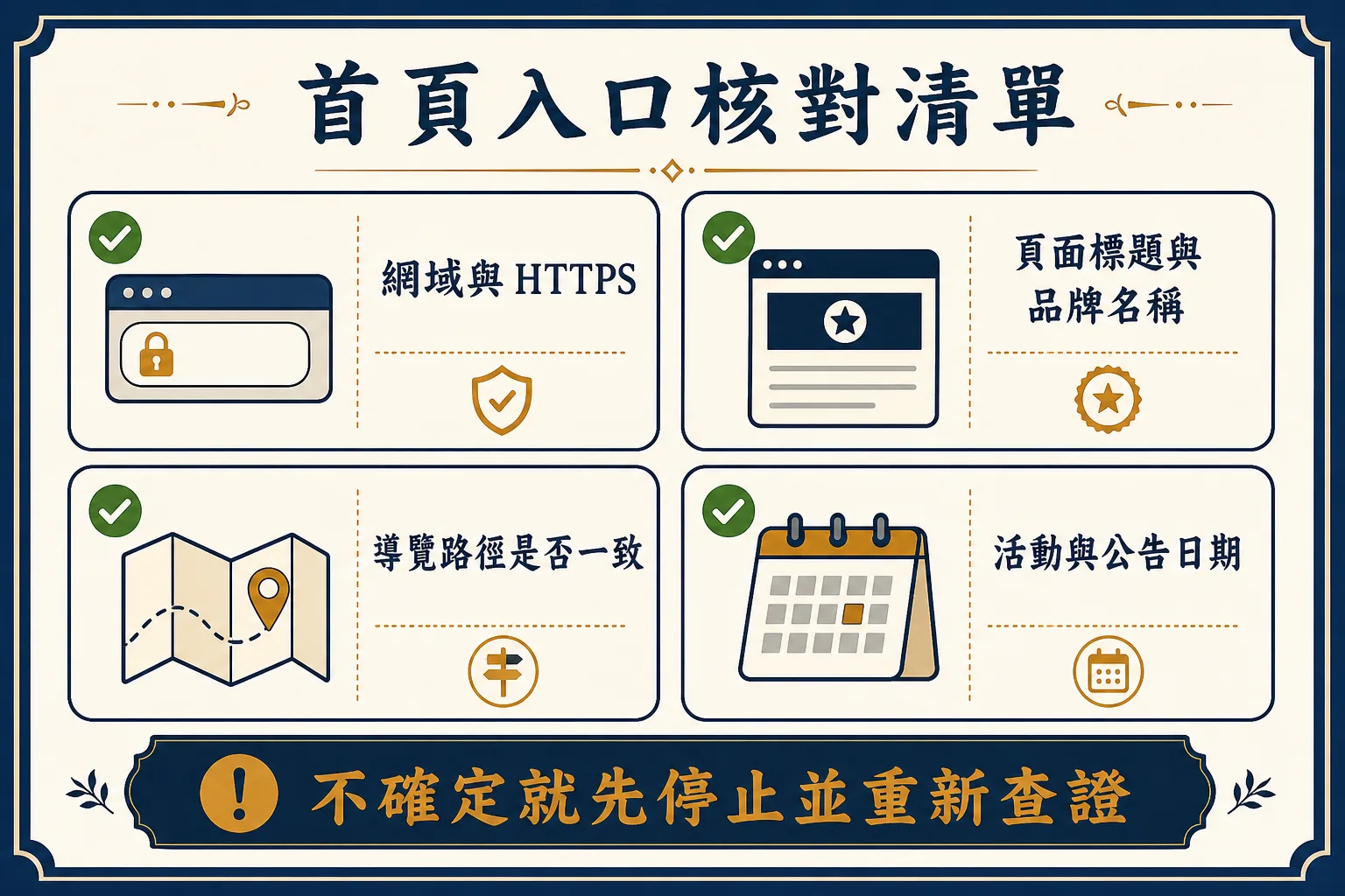 首頁入口核對清單，包含網域與 HTTPS、頁面標題、導覽路徑以及活動公告日期